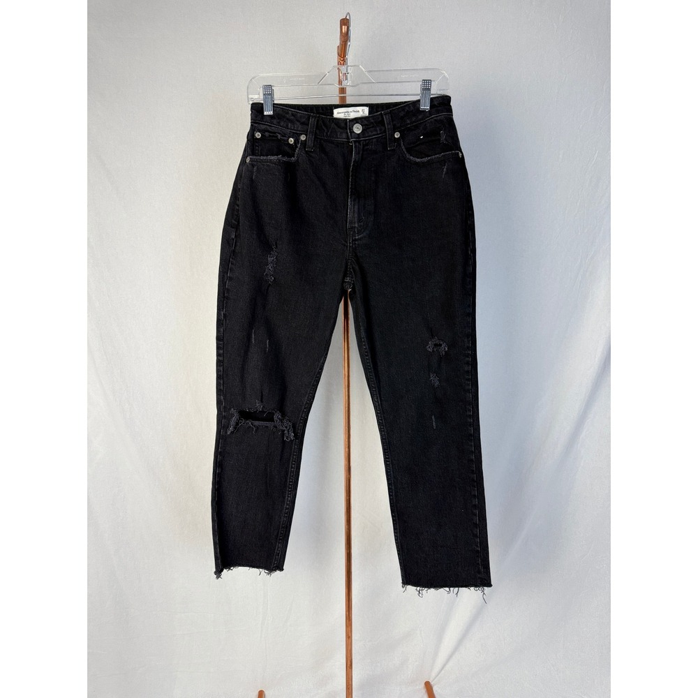 Abercrombie & Fitch High Rise Mom Jeans‎ Black Distressed Raw Hem Denim